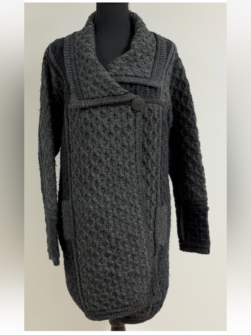 Aran Crafts Ireland Merino Wool Cardigan Sweater Womens L Charcoal Cable Knit